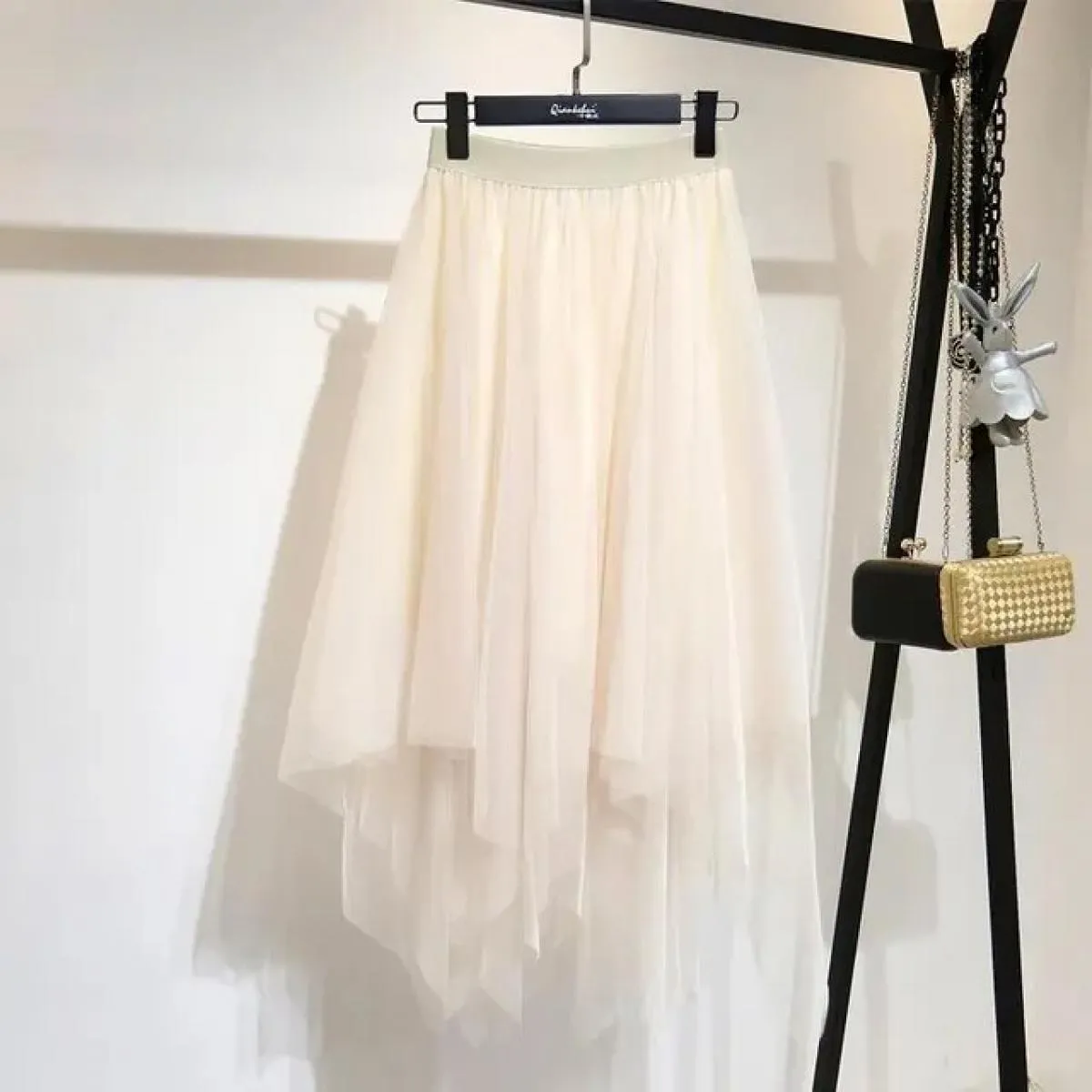 Gonna da festa alla moda da donna Gonna lunga in tulle elastica a vita alta Gonna midi da donna con orlo irregolare in rete