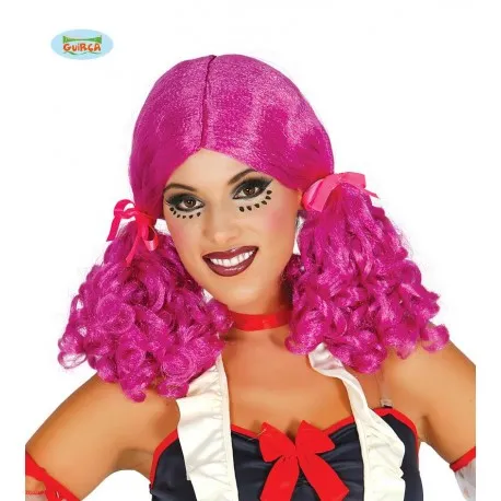 Parrucca con code fucsia codine rosa bambola donna Halloween carnevale