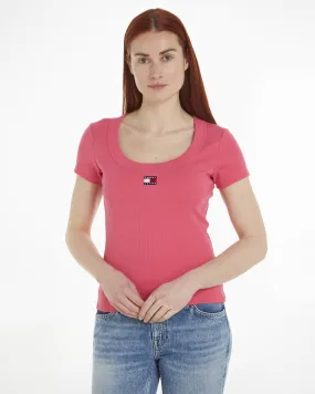 T-shirt rosa bubble in cotone stretch con ampio scollo tondo e flag logo ricamata